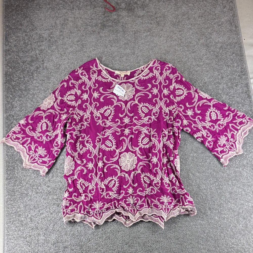 NWT Solitaire 1/2 Long Sleeve Blouse Pink Purple Cream Lace Womens M Shirt Top